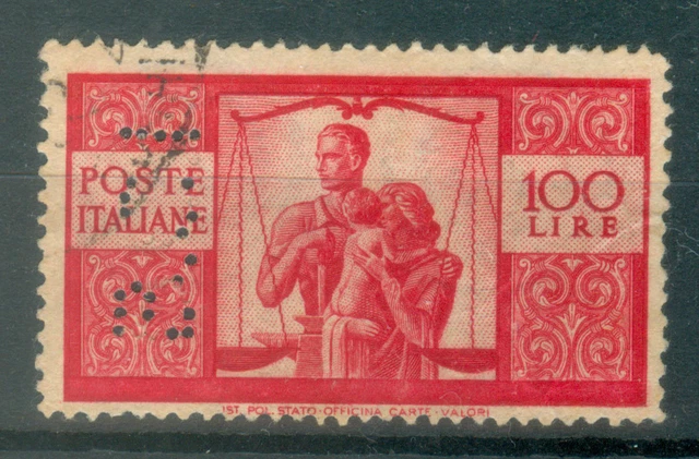 Italy Stamp Perfin 100 Lire Family Democratica Sassone # 556 Scott # 477