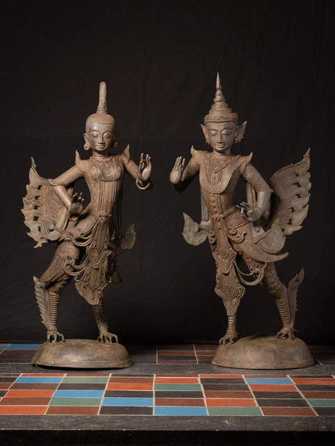 Special large bronze pair of Kinnari statues from Burma, Early 20th century
