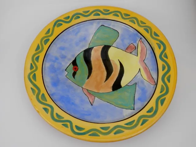 Vintage Large 16” Colorful Bowl/Platter Wall Hanging Handmade Art Pottery Fish
