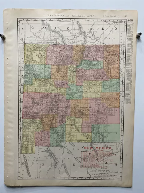Large Format 1905 COLOR Rand McNally Map Atlas Page 253 Railroads New Mexico