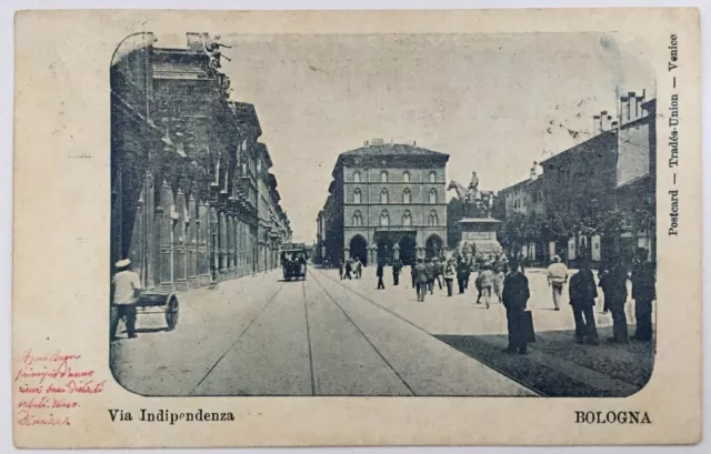 BOLOGNA Via Indipendenza animata carrozza carretto cartolina viaggiata 1905