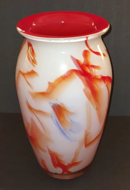 Vtg Large Orange, White, Red, Blue Abstract  Glass Vase Hand Blown Art Glass 11"