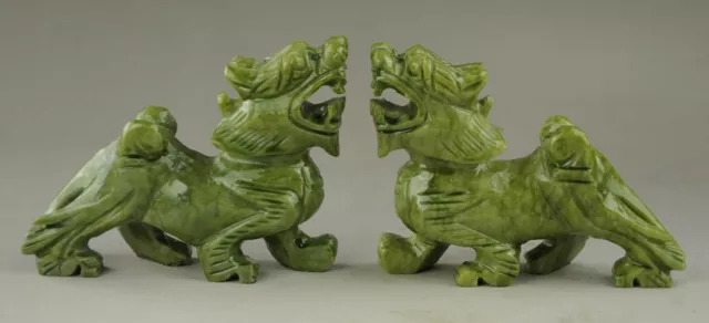 Exquisite Chinese Hand Carved Natural green Jade Dragon Pixiu Beast Statue Pair