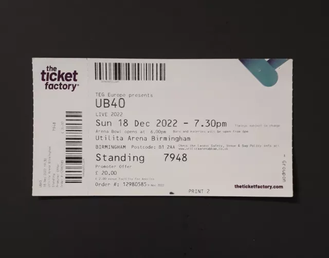 UB40 Tickets/Memorabilia - Unused Ticket Birmingham NIA Utilita Arena 18/12/2022 2