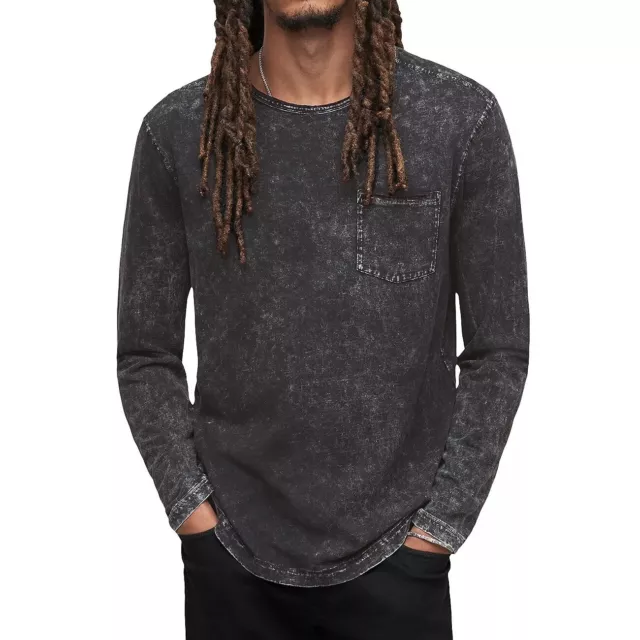 John Varvatos Men's Long Sleeve Craig Pocket Raw Edge Crewneck Tee Shirt Black