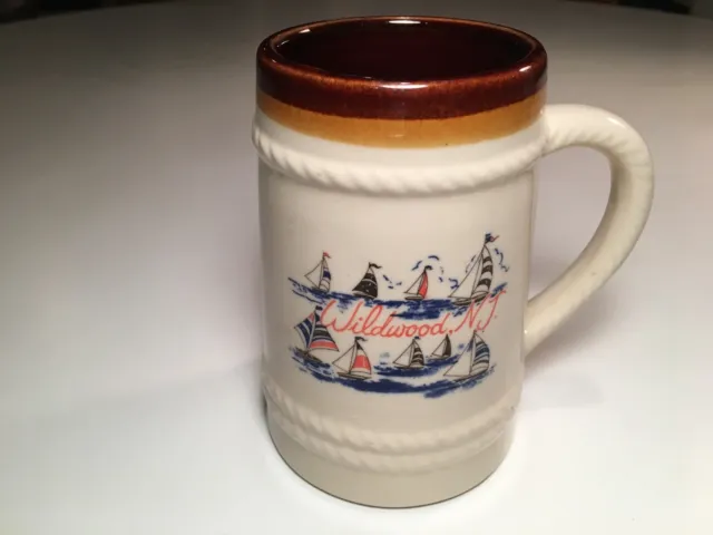 Vintage Wildwood New Jersey Souvenir Ceramic Mug Stein Sailboats Nautical Decor