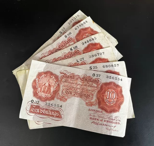 Job Lot 6 x Bank of England CATTERNS Ten 10/- Shillings Old Banknotes - Genuine