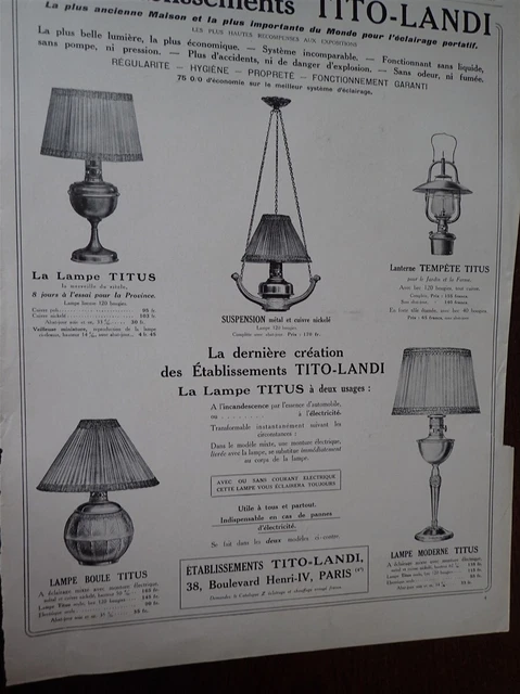 Publicité ancienne éclairage Tito-Landi 1925 issue de
