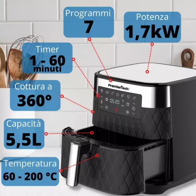 Friggitrice ad Aria Calda Senza Olio 5,5 Litri Display Led PremierTech PT55LAF 3