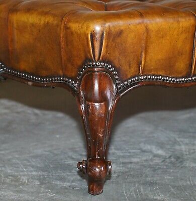 Huge Fully Restored Chesterfield Hand Dyed Brown Leather Hearth Footstool 3