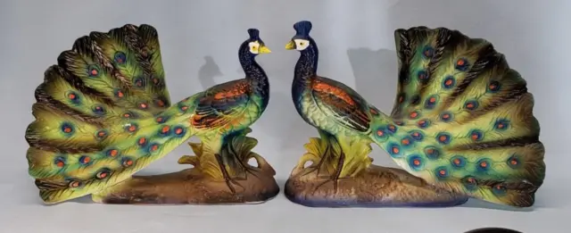 Vintage Ceramic 8.5" Long Peacock Bird Figurine Artmark Set of 2 Japan