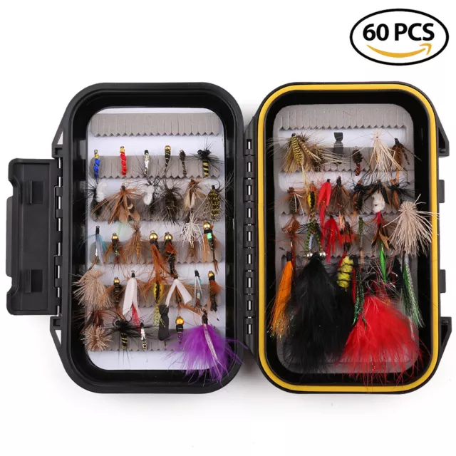 60PCS Fly Fishing Wet Dry Flies Assortment Kit for Trout Fishing Lures with Box