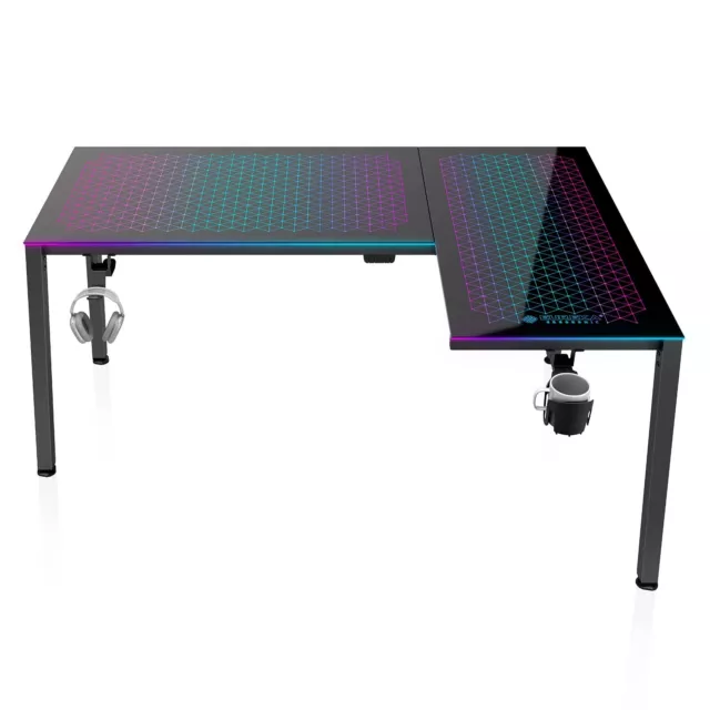 Gaming Desk Corner, L-Shaped Gaming Desk wRGB LED Lights Smart Glass Table