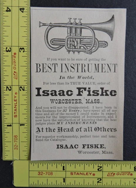 RARE Antique 1878 Ad - Isaac Fiske Musical Instruments Worcester MA Vtg Cornet
