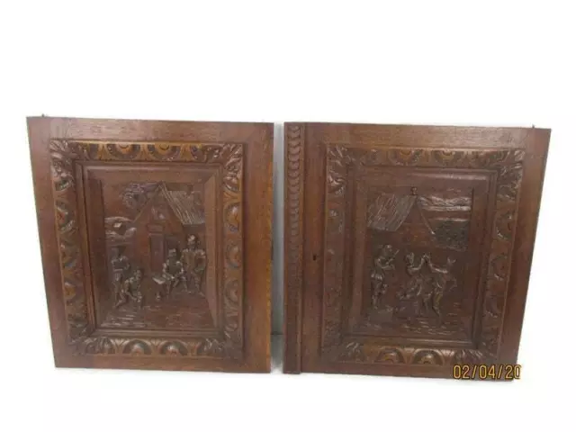 Pair Antique Hand Carved Oak Pheasants Door Panels Reclaimed Architectural Breug