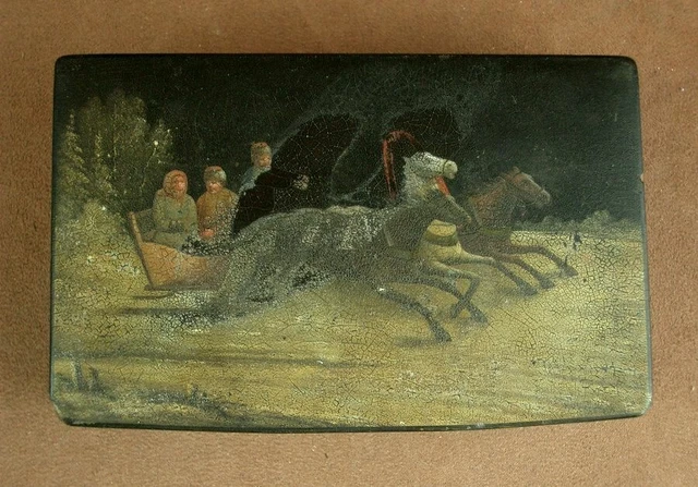BELLE BOITE COFFRET A THÉ EN BOIS LAQUE RUSSE DECOR PEINT TROIKA SIGNÉE XIXe