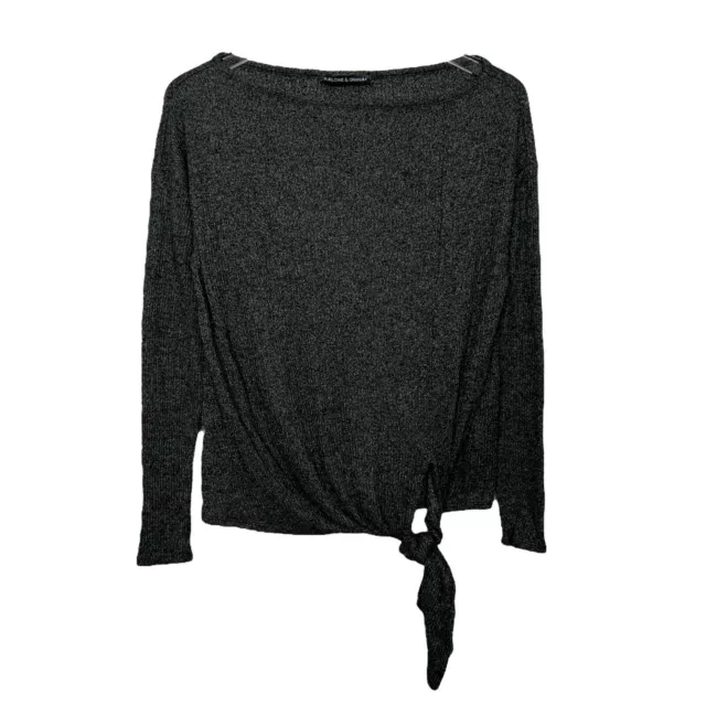 Harlowe & Graham Ribbed Fleece Knot Front Pullover Top Dark Gray Womens XS