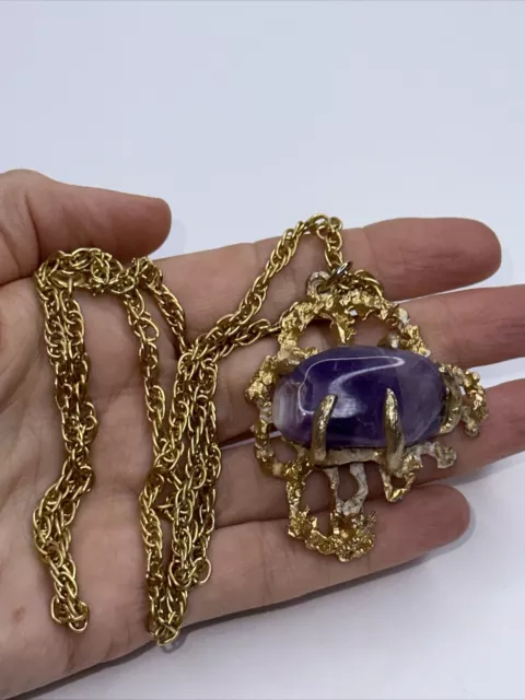 Purple Quartz Gemstone Large Nugget Gold Tone Necklace Pendant Chain Link24"