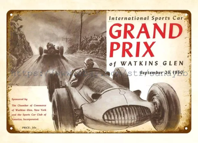 bar decorations for sale 1950 Watkins Glen Grand Prix car race metal tin sign