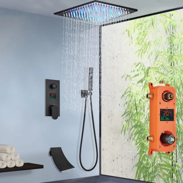 Juego de grifos de ducha empotrados negros 40 cm LED ducha de lluvia sistema de ducha ducha de mano