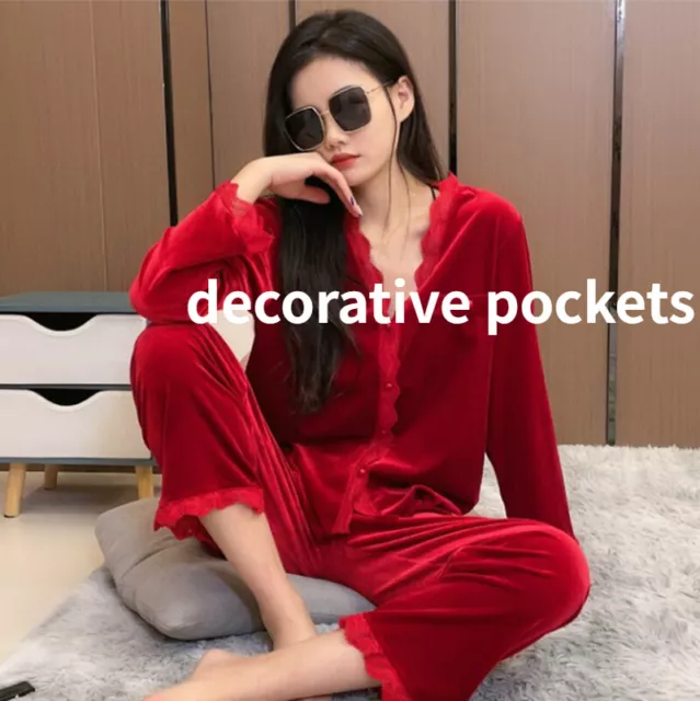 Femme Velours Pyjama Ensemble Haut Et Pantalon Lacets Épissure Taille Élastique