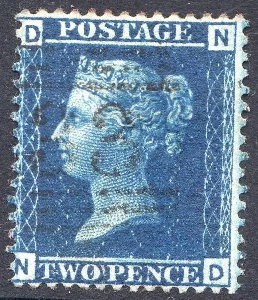 GB 1858 QV 2d Blue Used Stamp Plate 12 SG;45 LETTERED DN `RE - ENTRY` c£140 +++