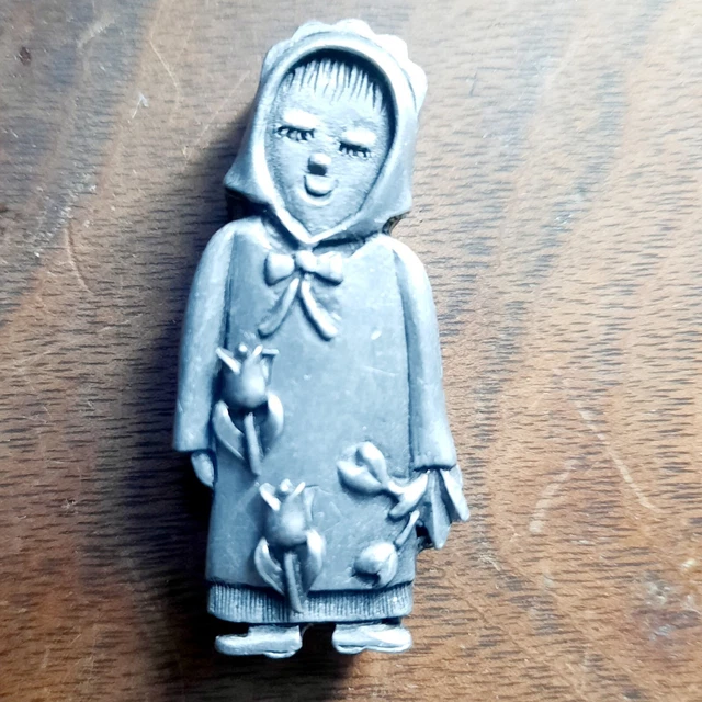 Vtg Torino Pewter Trinket Box w/ Tulip Earrings & Pin Brooch  Dutch Lady Girl