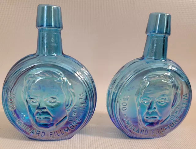 2 Vintage Wheaton Blue Glass Iridescent 3" Bottles Millard Fillmore 13th Pres.