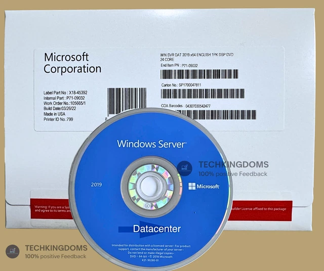 Microsoft Windows Sever 2019 Datacenter 64 bit ,16/24 Core DVD+Key Sealed