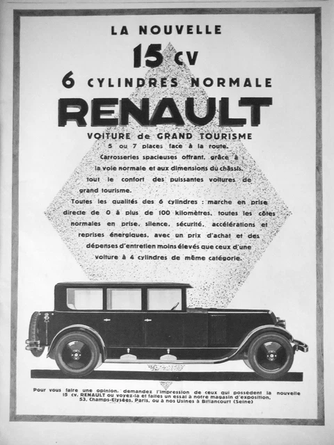 Publicité 1927 Renault La Nouvelle 15 Cv 6 Cylindres Normale - Advertising