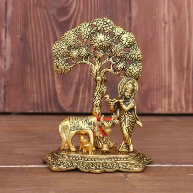 Chhariya Artisanats Métal Krishna Avec Vache Debout Sous Arbre Plying Flûte