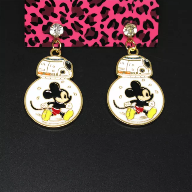 Hot White Enamel Cute Robot Mickey Crystal Fashion Lady Women Stand Earrings