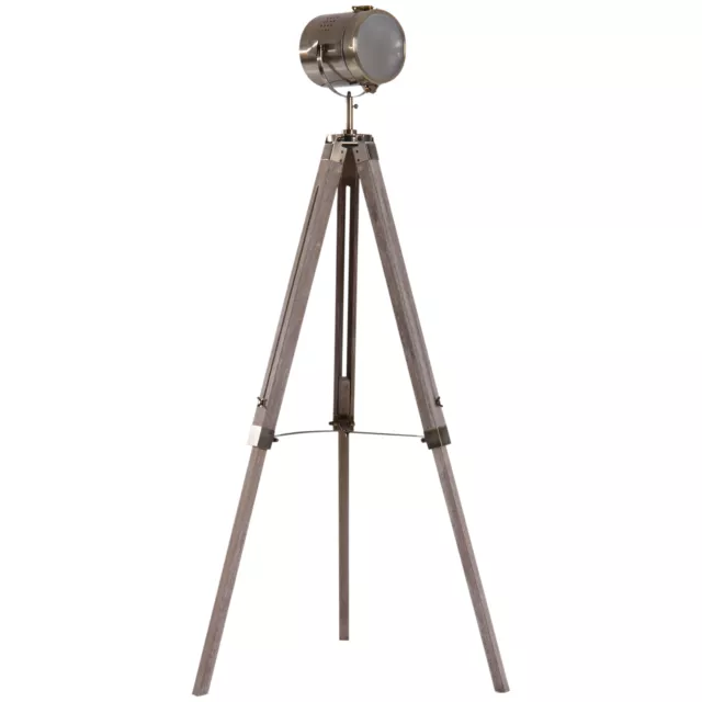 HOMCOM Industrial Tripod Floor Lamp Wood Height Adjustable Spotlight Bronze