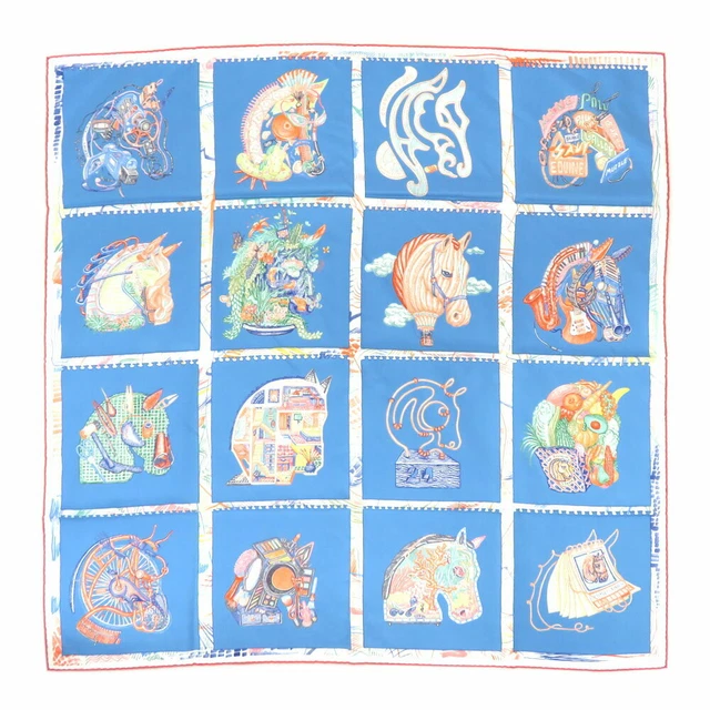 HERMES Scarf Carre 90 CHEVAL OSCOPEr Silk Blue Orange Multi w/Box Auth R1249