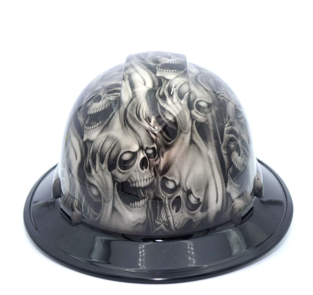 Wide Brim Hard Hat Hydro Dipped in Black Brim Three Evil Skulls w/Brim Guard