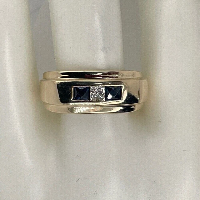 Men's 0.75 Ct Natural Sapphire & Moissanite 3-Stone Band Ring in 14K Yellow Gold