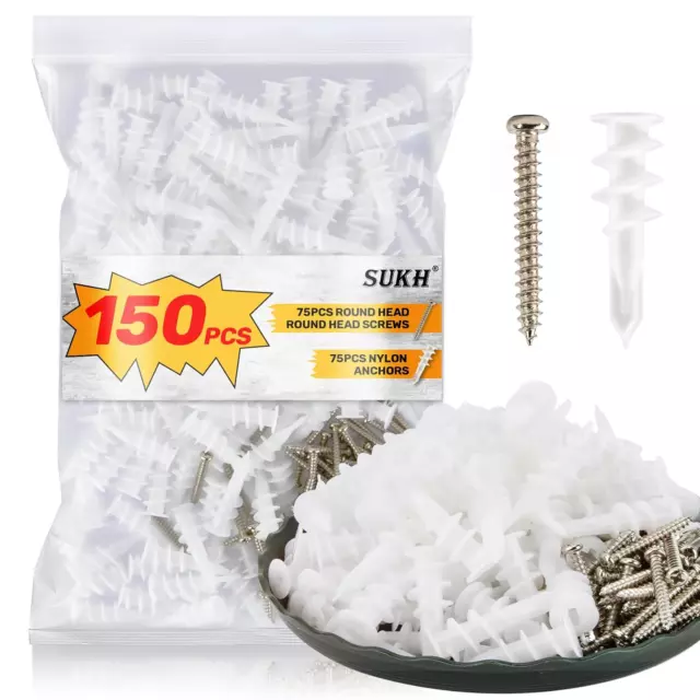 150 Pcs Self Drilling Drywall Anchors Nylon Anchor Screws Dry Wall White01 New