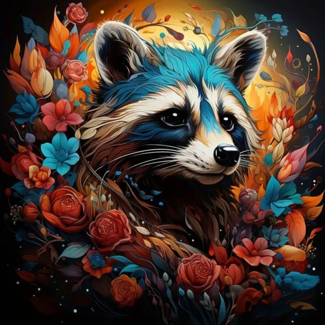 EXA 40x40 BEAUTIFUL RACCOON Artificial DIY 5D Full Round Diamonds Painting UK