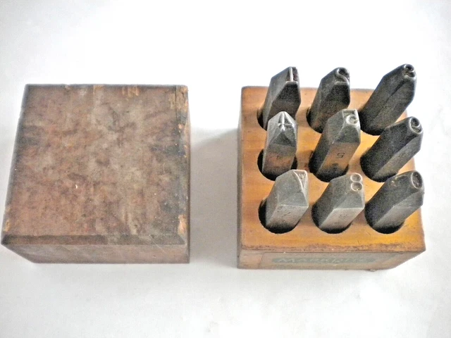 Complete 9 pc Set Vintage Mark Rite Numbers 1/4" Steel Die Punches in Wood Box