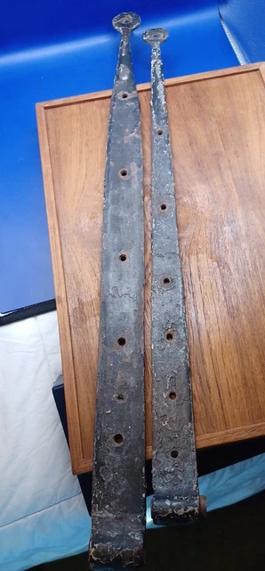 2 Antique Cast Iron Barn Door Strap Hinges Hand Forged Rustic 25" And 22.5" 2