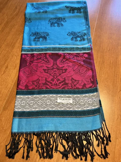 Thai Cashmere Pashmina Scarf Wrap Shawl-Turquoise/Hot pink