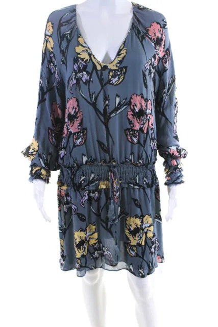 Ramy Brook Womens Silk Floral Print V Neck Drawstring Dress Gray Size Small