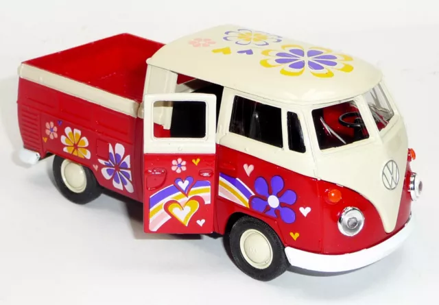 VW Bulli T1 Doppelkabine Pritsche rot Hippie-Style Modellauto ca. 11,5 cm WELLY 2