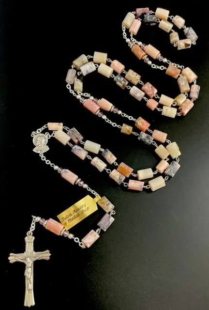 Cilindro de rodonita rojo semiprecioso rosa y plata de ley 29"" rosario de piedra + etiqueta