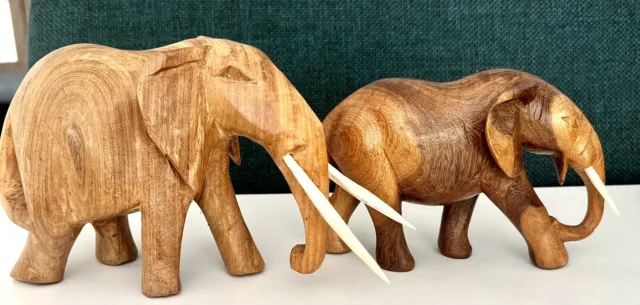 vintage Wooden Hand Carved Elephant Statues  pair Figurine Sculpture Handmade