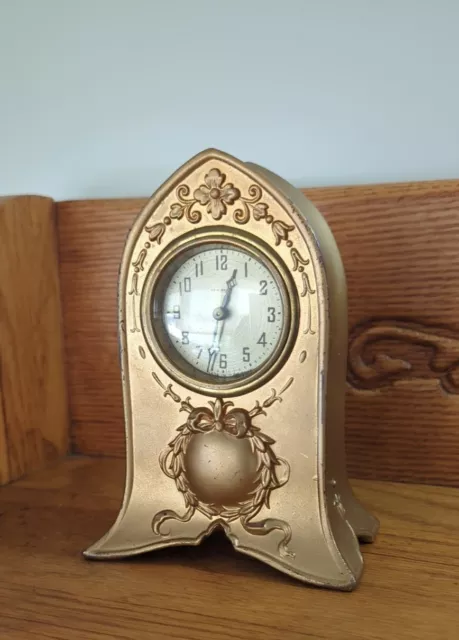 Antique Brass New Haven Shelf Mantel Clock Art Nouveau Arch Style