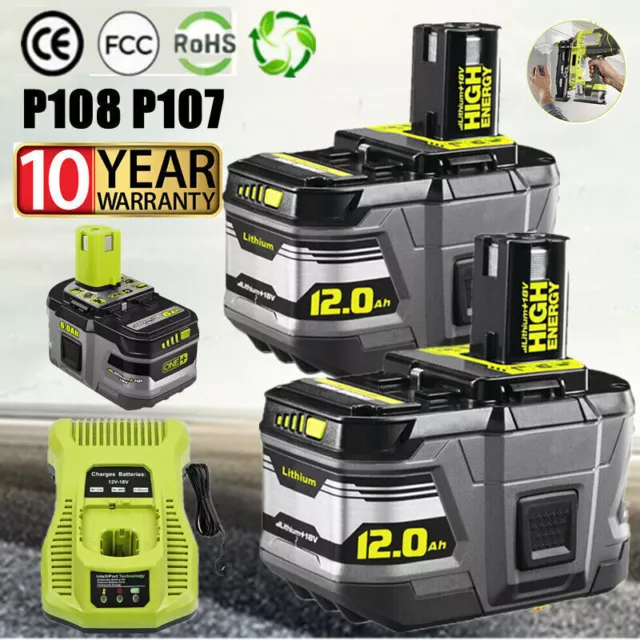 1~2 PACK 12Ah Lithium Genuine Battery For RYOBI P108 ONE+ PLUS 6/8/9AH / Charger