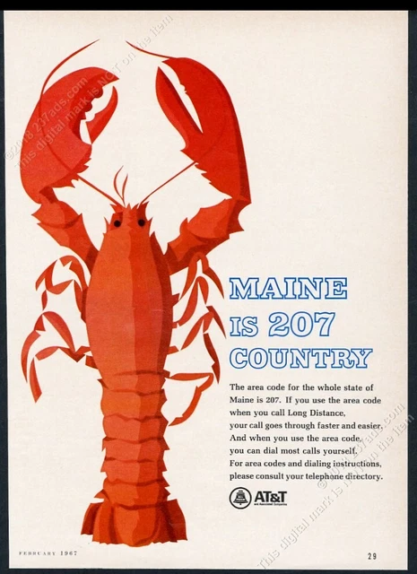 1967 Maine red lobster art AT&T Bell Telephone area code 207 vintage print ad