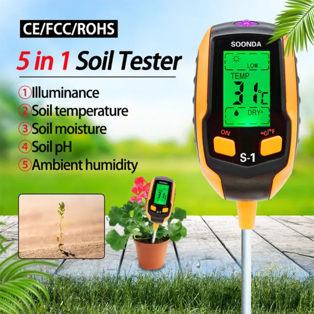 Probador digital de suelos 5 en 1 medidor de pH termómetro luz solar humedad planta de jardín 3