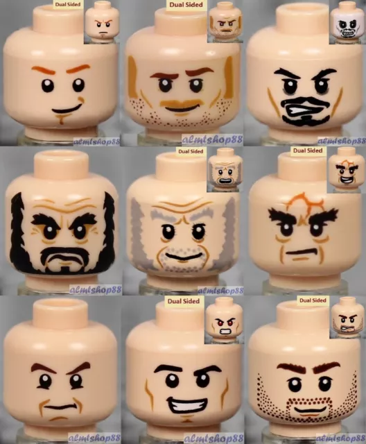LEGO - 9x Male Heads Lot - Light Flesh Faces Black Brown Beard Stubble Smile